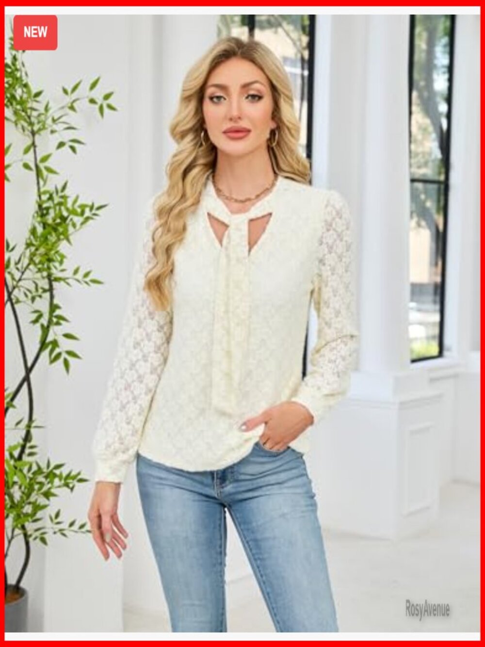 Lace Long Sleeve Blouse Tie Front Lined Dressy Tops for Women Fall Fashion - Picture 2 of 7